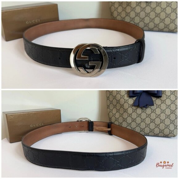 Auth Gucci Black Guccissima Leather Silver Interlocking G Buckle Belt 95/38 - Picture 4 of 13